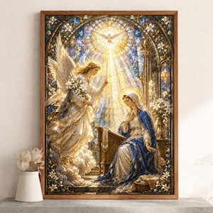 May include: A framed religious artwork in a stained-glass style, featuring an angel and a woman. The angel, with white wings, presents flowers to the woman, who is seated and wearing a blue robe. The artwork is set against a backdrop of light and floral details.