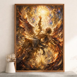 Op de afbeelding: Een ingelijste kunstdruk die een figuur met grote vleugels toont, die door een gouden, vurige hemel valt. Het kunstwerk heeft een dramatische compositie met een focus op licht en schaduw, waardoor een gevoel van beweging en emotie ontstaat. Het frame is van hout.