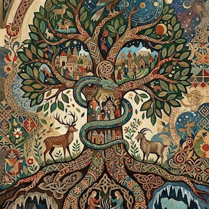 Pu&ograve; includere: Illustrazione dettagliata e colorata di un albero con intricati nodi celtici. L'albero presenta un serpente, un cervo, una capra e un'aquila. L'opera include scene di villaggi, figure ed elementi celesti.