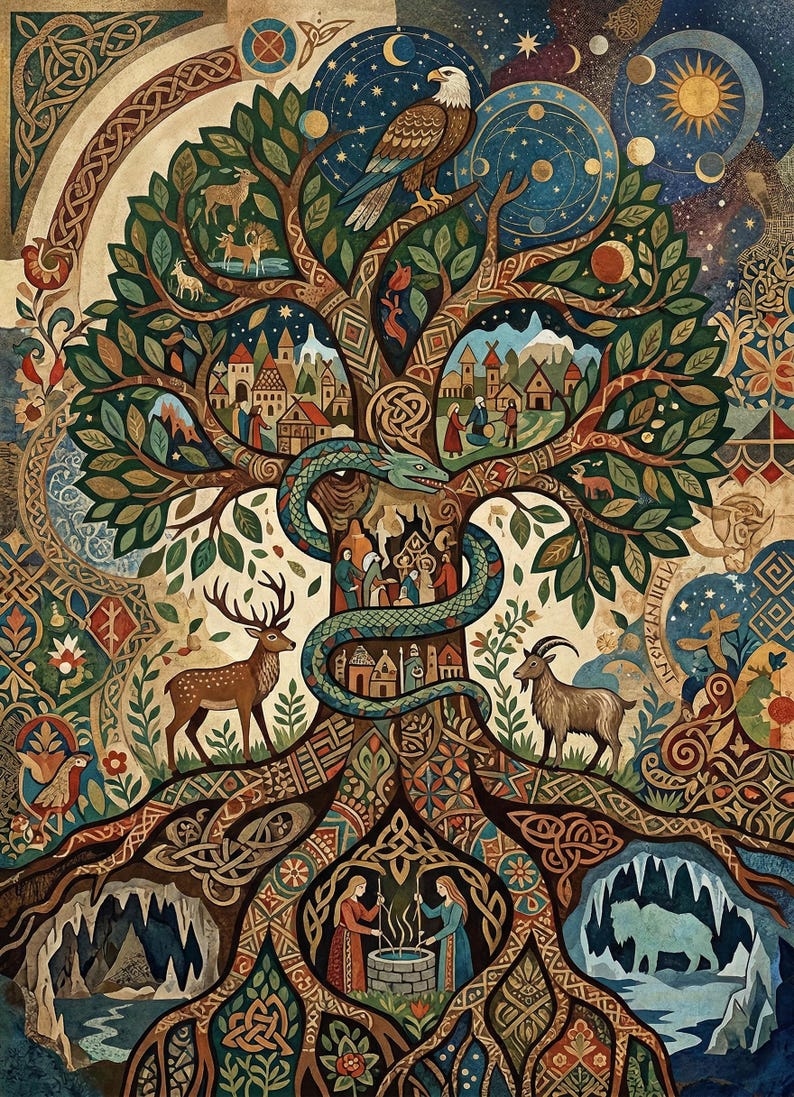 Pu&ograve; includere: Illustrazione dettagliata e colorata di un albero con intricati nodi celtici. L'albero presenta un serpente, un cervo, una capra e un'aquila. L'opera include scene di villaggi, figure ed elementi celesti.