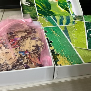 Pu&ograve; includere: Una scatola bianca aperta contenente un puzzle con pezzi verdi e marroni. La scatola rivela i pezzi del puzzle e un sacchetto di rete rosa. Il puzzle raffigura una rana in un'area erbosa.