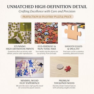 Pu&ograve; includere: Una pubblicit&agrave; per un puzzle, con il testo "UNMATCHED HIGH-DEFINITION DETAIL" e "PERFECTION IS IN EVERY PUZZLE PIECE." L'immagine presenta primi piani di pezzi di puzzle, evidenziando stampe ad alta definizione, inchiostri ecologici, bordi lisci e legno pregiato.