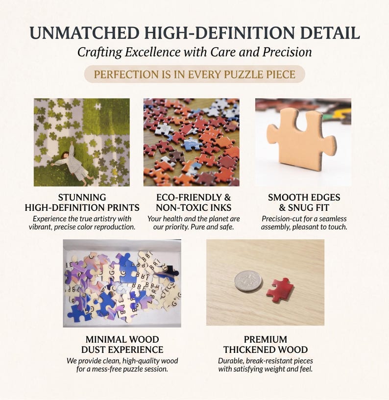 Pu&ograve; includere: Una pubblicit&agrave; per un puzzle, con il testo "UNMATCHED HIGH-DEFINITION DETAIL" e "PERFECTION IS IN EVERY PUZZLE PIECE." L'immagine presenta primi piani di pezzi di puzzle, evidenziando stampe ad alta definizione, inchiostri ecologici, bordi lisci e legno pregiato.