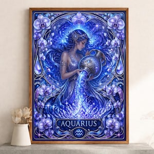 Può includere: Una stampa artistica incorniciata con un'illustrazione celeste del segno zodiacale dell'Acquario. L'opera raffigura una donna che versa acqua da un'urna decorativa, circondata da orchidee blu e capelli blu fluenti. La parola "ACQUARIO" è visualizzata in basso.