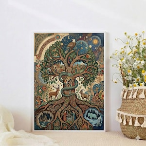 Pu&ograve; includere: Una stampa artistica incorniciata raffigurante un colorato albero della vita con dettagli intricati. L'opera presenta un albero con radici, rami e foglie, che incorpora elementi come animali, edifici e corpi celesti. La tavolozza dei colori include verdi, blu e marroni.