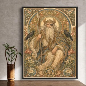 Rompecabezas de madera de 300/500/1000 piezas de Odín con cuervos de la mitología nórdica, estilo Art Nouveau. Regalo para adultos y niños.