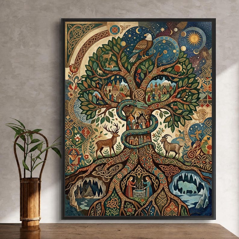 Pu&ograve; includere: Una stampa artistica incorniciata raffigurante un colorato albero della vita con dettagli intricati. L'opera presenta un albero con radici, rami e foglie, popolato da animali, edifici ed elementi celesti. La tavolozza dei colori comprende verdi, marroni, blu e oro.