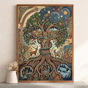 Pu&ograve; includere: Una stampa artistica incorniciata con un'illustrazione dettagliata di un albero con intricati nodi celtici. L'opera d'arte include un cervo, una capra, un'aquila e un serpente, con una scena di villaggio all'interno dei rami dell'albero. La tavolozza dei colori comprende verdi, marroni, blu e oro.