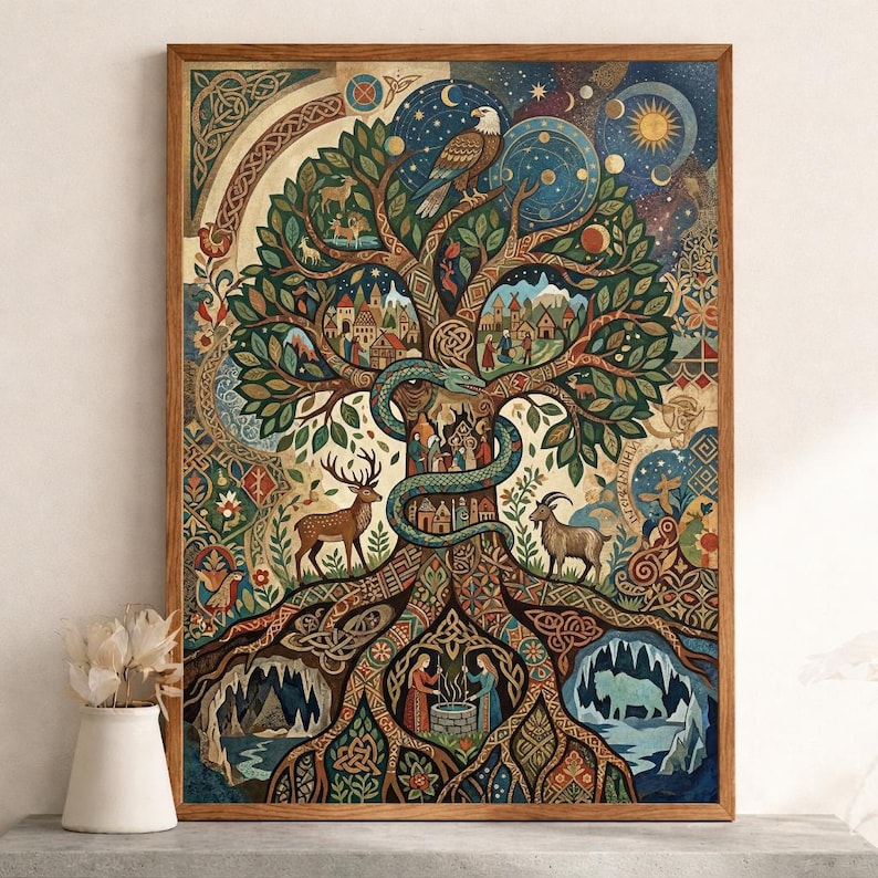 Pu&ograve; includere: Una stampa artistica incorniciata con un'illustrazione dettagliata di un albero con intricati nodi celtici. L'opera d'arte include un cervo, una capra, un'aquila e un serpente, con una scena di villaggio all'interno dei rami dell'albero. La tavolozza dei colori comprende verdi, marroni, blu e oro.
