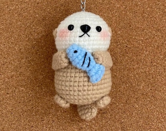 Crochet Seal Keychain | Amigurumi Sea Otter Plush with Fish