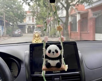Colgador de coche de panda de ganchillo, decoración de columpio kawaii, accesorios de hilo de algodón con leche