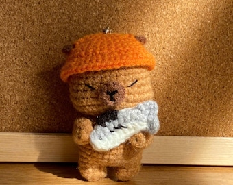 Crochet Capybara Keychain | Handmade Amigurumi Plush with Fish
