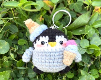 Crochet Penguin Keychain | Amigurumi Plush with Ice Cream