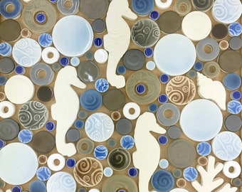 Coastal Seahorses & Shells, Handmade Ceramic Tile Mosaic, Ready to Install