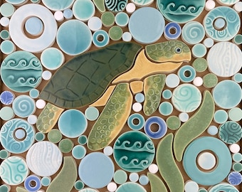 Sea Turtle, Handmade Ceramic Tile Mosaic, Ready to Install 12"x12"
