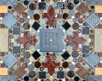 Fleur de Lis (Burnished Steel & Rust), Handmade Ceramic Tile Mosaic, Ready to Install 19.5"x19.5"