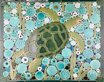 Big Sea Turtle , Handmade Ceramic Tile Mosaic, Ready to Install