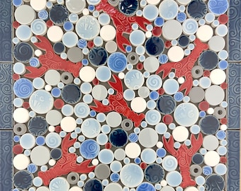 Lobsters, Red and Blue, Handmade Ceramic Tile Mosaic, Ready to Install