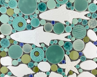 Fish, White & Blue-Green, Handmade Ceramic Tile Mosaic, Ready to Install 12"x12"