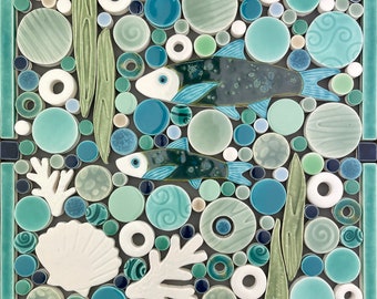 Fish, Blue-Green, Handmade Ceramic Tile Mosaic, Ready to Install 12"x12"