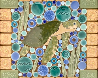 Sea Turtle, Handmade Ceramic Tile Mosaic, Ready to Install