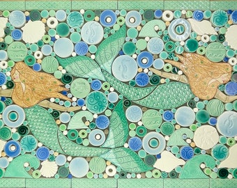 Mermaids Mosaic, Jade, Handmade Ceramic Tile Mosaic, Ready to Install