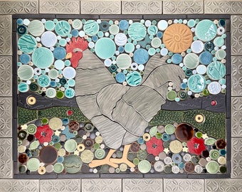 Farmhouse Rooster, Gray, Handmade Ceramic Tile Mosaic, Ready to Install