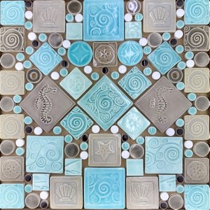 Seahorse & Sand Dollars (Aqua/Taupe Mix), Handmade Ceramic Tile Mosaic, Ready to Install 12&quot;x12&quot;