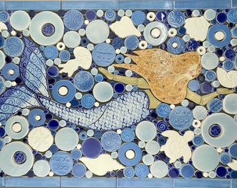 Mermaid Mosaic, Medium - Blue & Blonde, Handmade Ceramic Tile Mosaic, Ready to Install