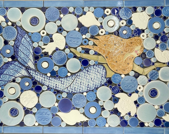 Mermaid Mosaic, Medium - Blue & Blonde, Handmade Ceramic Tile Mosaic ...