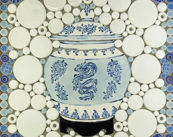 Dragon Ginger Jar Mosaic, Blue and White, Handmade Ceramic Tile Mosaic, Ready to Install