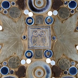 Owl and Leaves Mosaic, Beige & Denim blue, Handmade Ceramic Tile Mosaic, Ready to Install 12&quot;x12&quot;