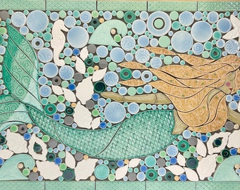 Mermaid Mosaic, Large, Jade & Blonde, Handmade Ceramic Tile Mosaic, Ready to Install