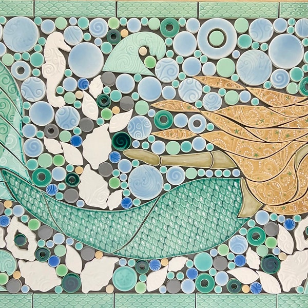 Mermaid Mosaic, Large, Jade & Blonde, Handmade Ceramic Tile Mosaic, Ready to Install