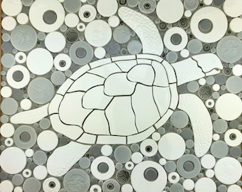 Sea Turtle, white with gray, Handmade Ceramic Tile Mosaic, Ready to Install