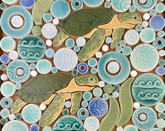 Sea Turtles, Handmade Ceramic Tile Mosaic, Ready to Install 12"x12"