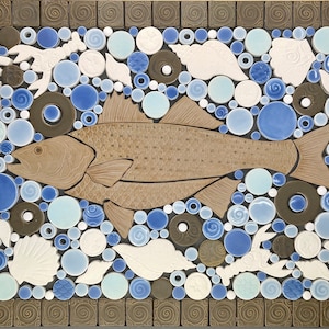 Striped Bass & Shells - Fish, Handmade Ceramic Tile Mosaic, Ready to Install