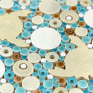 Crabs cream, aqua,& white Handmade Ceramic Tile Mosaic, Ready to Install 12x12 image 4