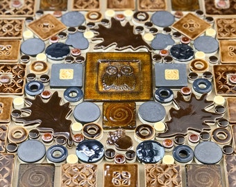 Owl & Acorn Mosaic - Amber/Brown - Handmade Ceramic Tile Mosaic, Ready to Install 12"x12"