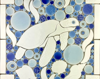 Sea Turtle Mosaic, White and Blue, Handmade Ceramic Tile Mosaic, Ready to Install