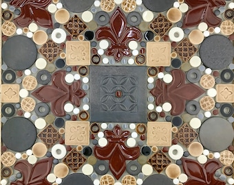 Fleur de Lis (Rust), Handmade Ceramic Tile Mosaic, Ready to Install 18"x18"