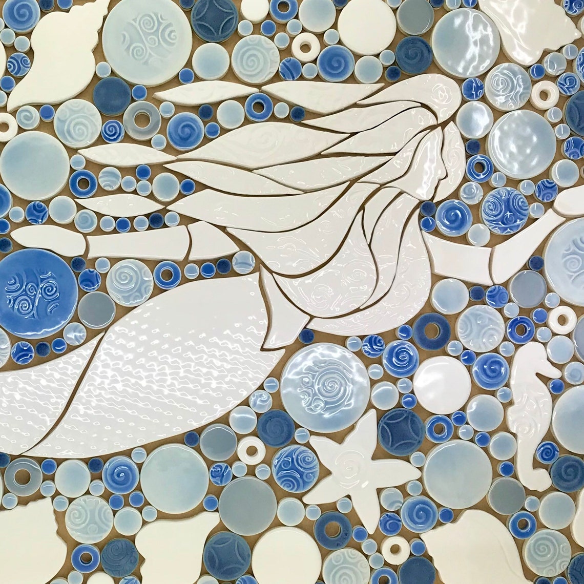 Mermaid Mosaic White with blue mix Handmade Ceramic Tile Etsy