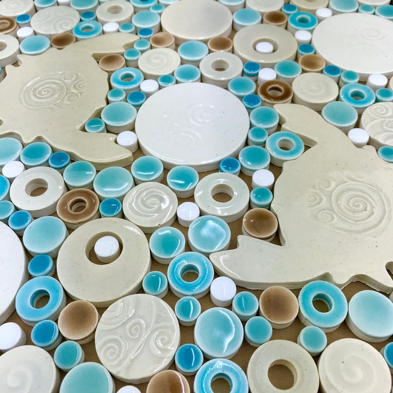 Crabs cream, aqua,& white Handmade Ceramic Tile Mosaic, Ready to Install 12x12 image 5