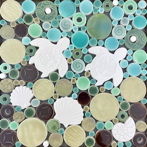 Baby Sea Turtles Mosaic, White/Multi, Handmade Ceramic Tile Mosaic, Ready to Install