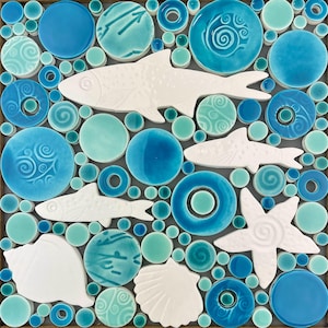 Fish & Shells Mosaic, White (Turquoise/Aqua blend Background), Handmade Ceramic Tile Mosaic, Ready to Install
