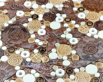 Coastal Copper Critters - (Copper, Mocha,& White) Handmade Ceramic Tile Mosaic, Ready to Install 12”x12”