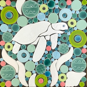 Sea Turtle Mosaic, White/Multi, Handmade Ceramic Tile Mosaic, Ready to Install