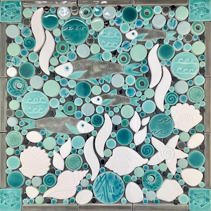 Fish Mosaic, Gray/Teal, Handmade Ceramic Tile Mosaic, Ready to Install