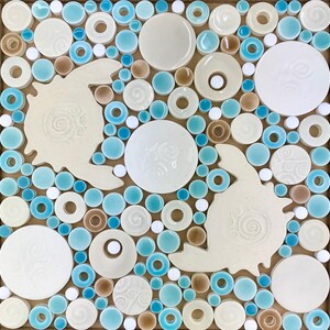 Crabs cream, aqua,& white Handmade Ceramic Tile Mosaic, Ready to Install 12x12 image 2