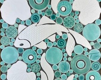 Koi Fish Mosaic, white & jade, Handmade Ceramic Tile Mosaic, Ready to Install